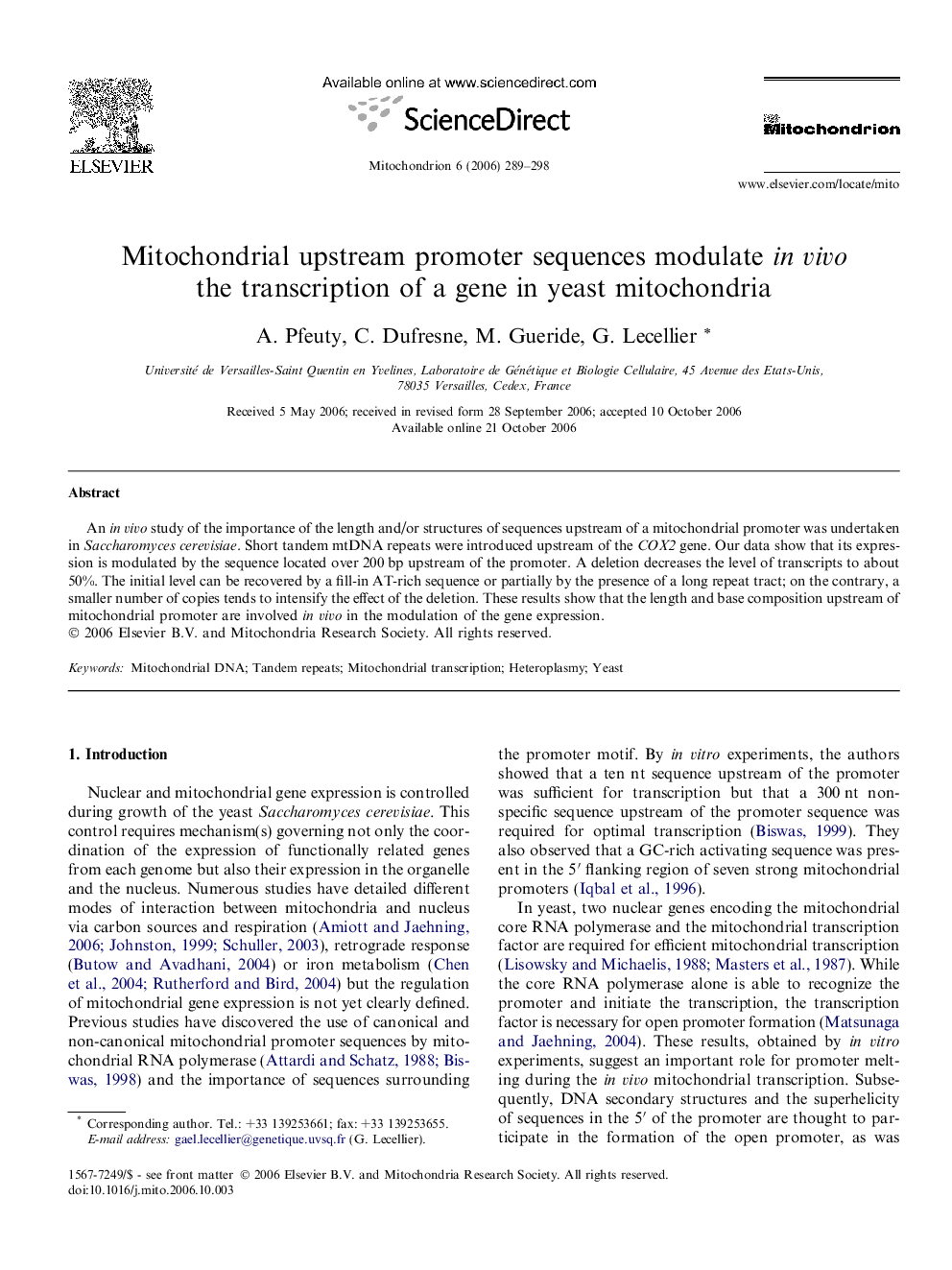 Mitochondrial upstream promoter sequences modulate in vivo the transcription of a gene in yeast mitochondria