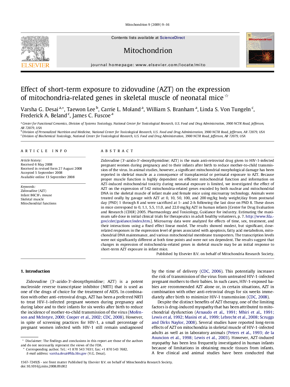 Effect of short-term exposure to zidovudine (AZT) on the expression of mitochondria-related genes in skeletal muscle of neonatal mice 