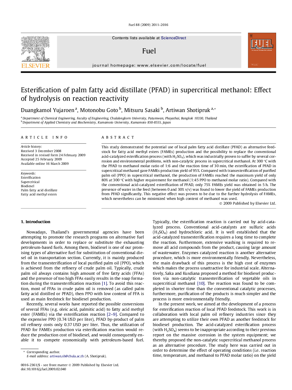 Esterification of palm fatty acid distillate (PFAD) in supercritical methanol: Effect of hydrolysis on reaction reactivity