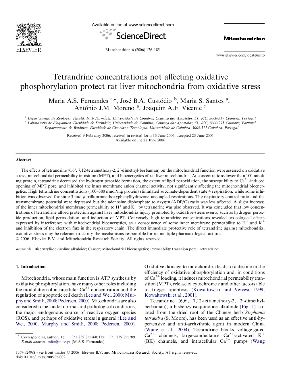 Tetrandrine concentrations not affecting oxidative phosphorylation protect rat liver mitochondria from oxidative stress