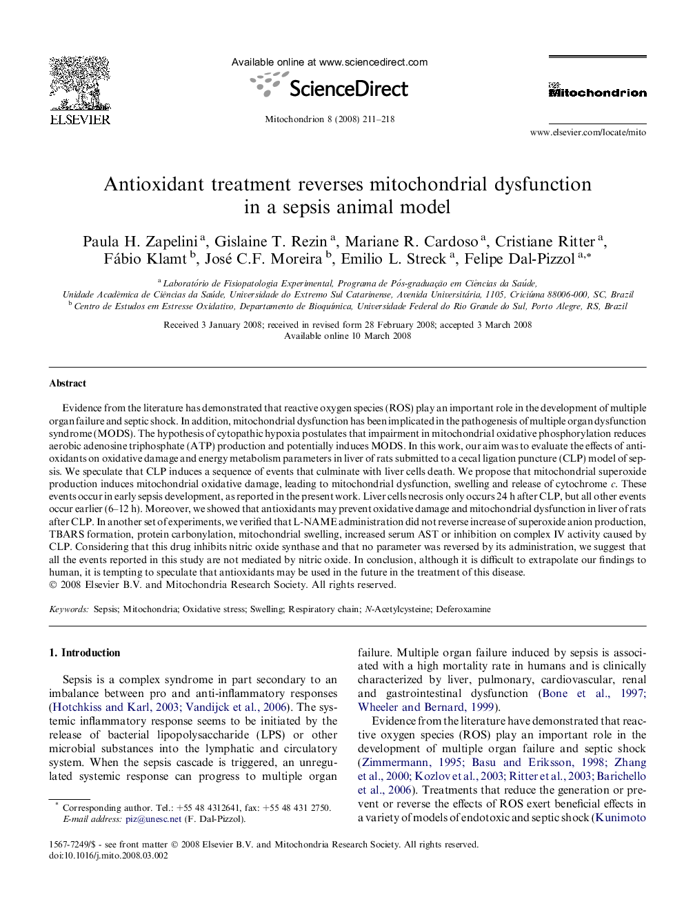 Antioxidant treatment reverses mitochondrial dysfunction in a sepsis animal model