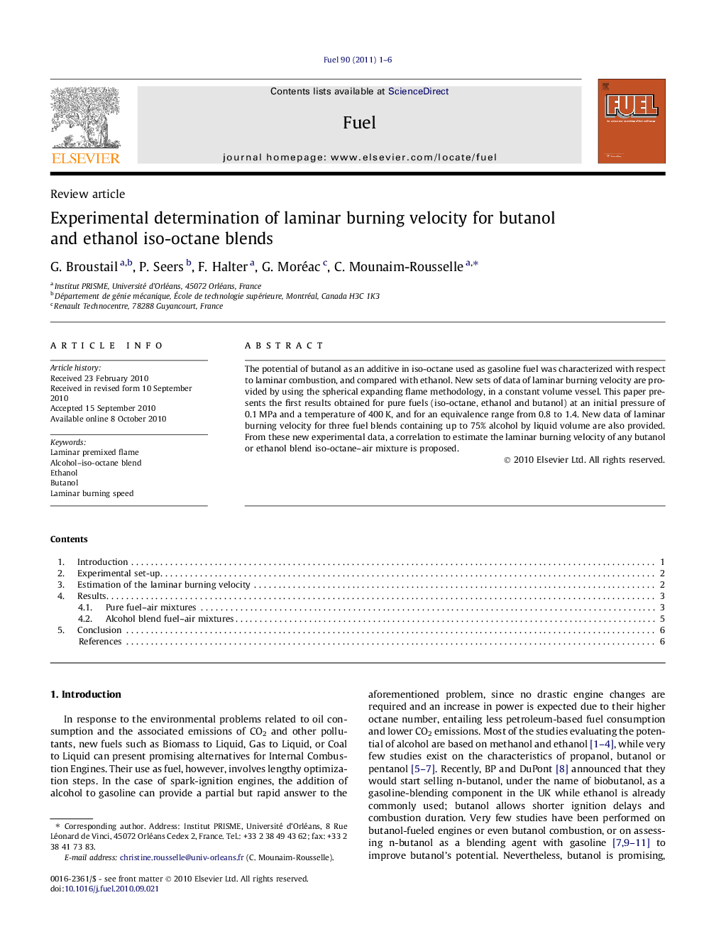 Experimental determination of laminar burning velocity for butanol and ethanol iso-octane blends