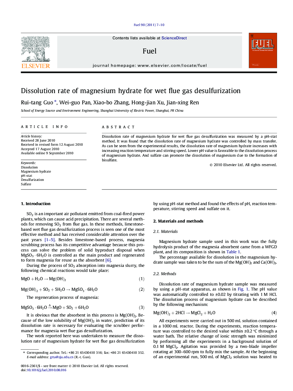 Dissolution rate of magnesium hydrate for wet flue gas desulfurization