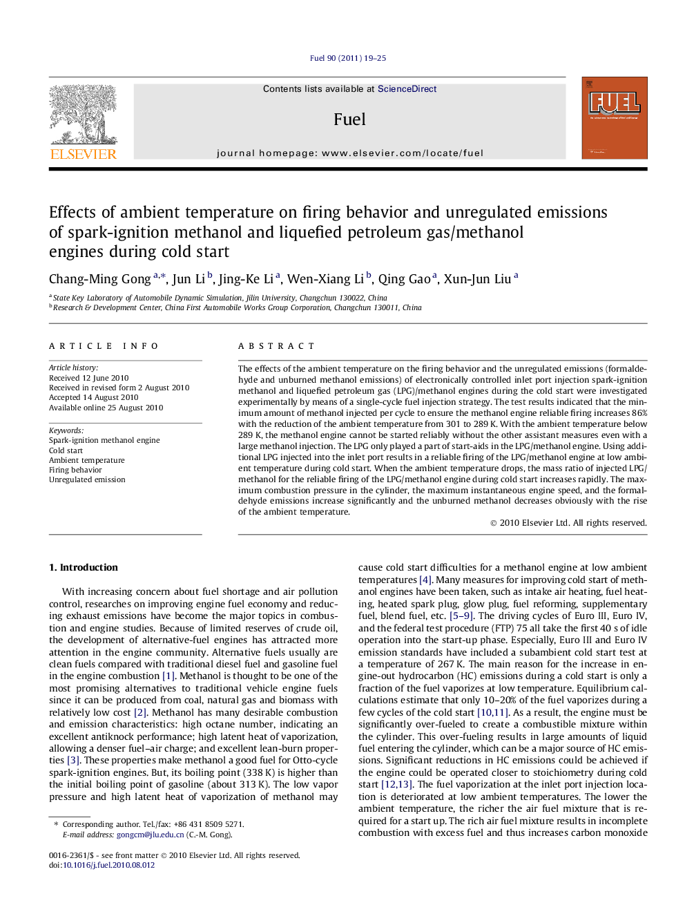 Effects of ambient temperature on firing behavior and unregulated emissions of spark-ignition methanol and liquefied petroleum gas/methanol engines during cold start