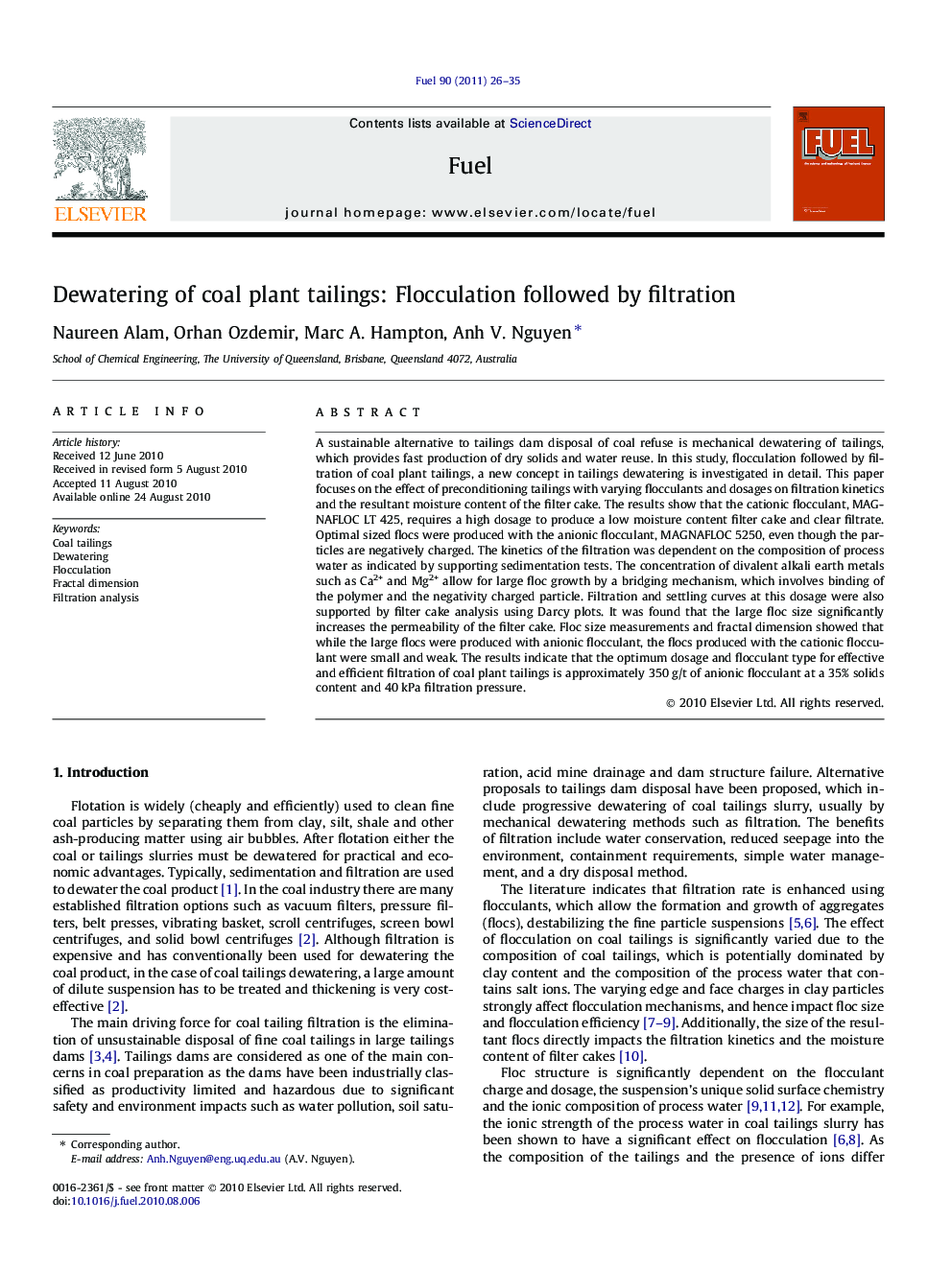 Dewatering of coal plant tailings: Flocculation followed by filtration