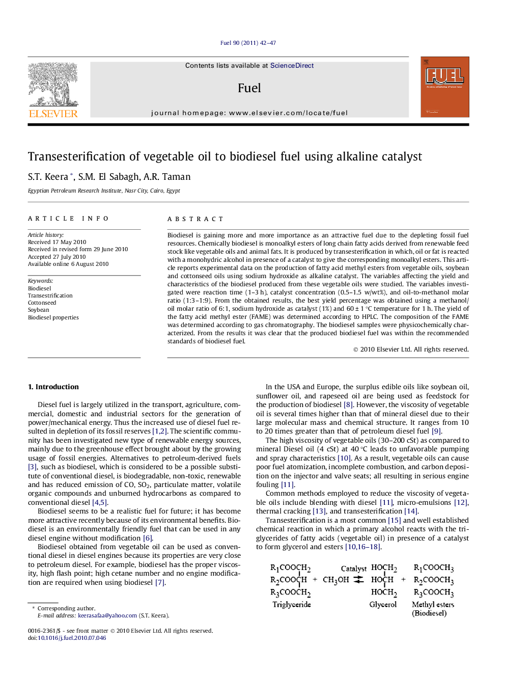 Transesterification of vegetable oil to biodiesel fuel using alkaline catalyst