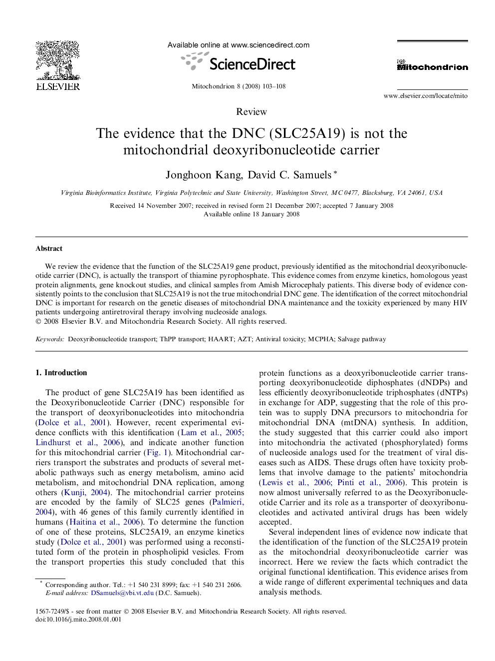 The evidence that the DNC (SLC25A19) is not the mitochondrial deoxyribonucleotide carrier