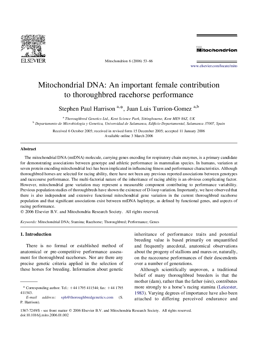Mitochondrial DNA: An important female contribution to thoroughbred racehorse performance