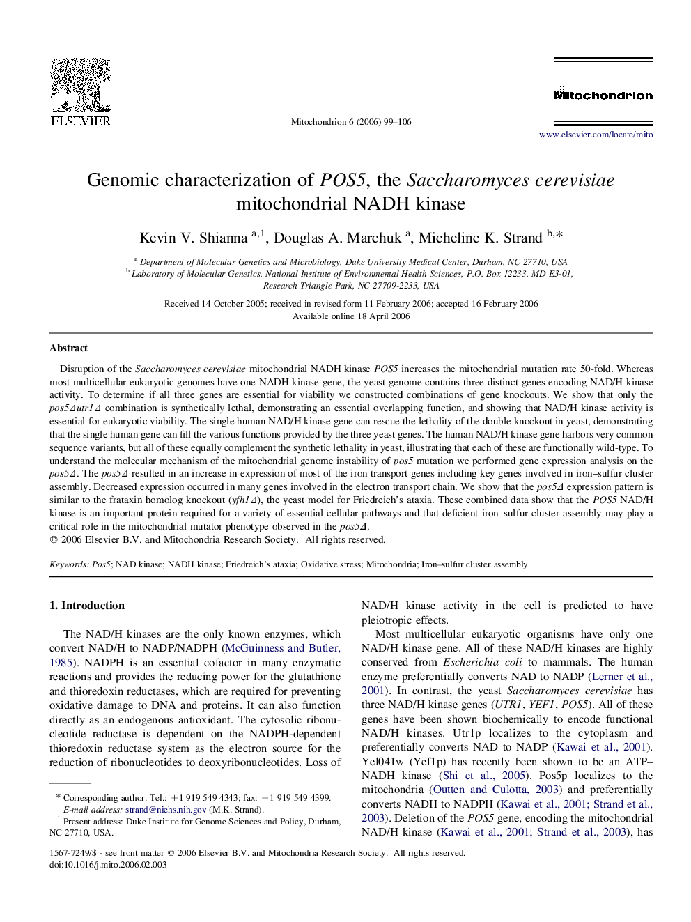 Genomic characterization of POS5, the Saccharomyces cerevisiae mitochondrial NADH kinase