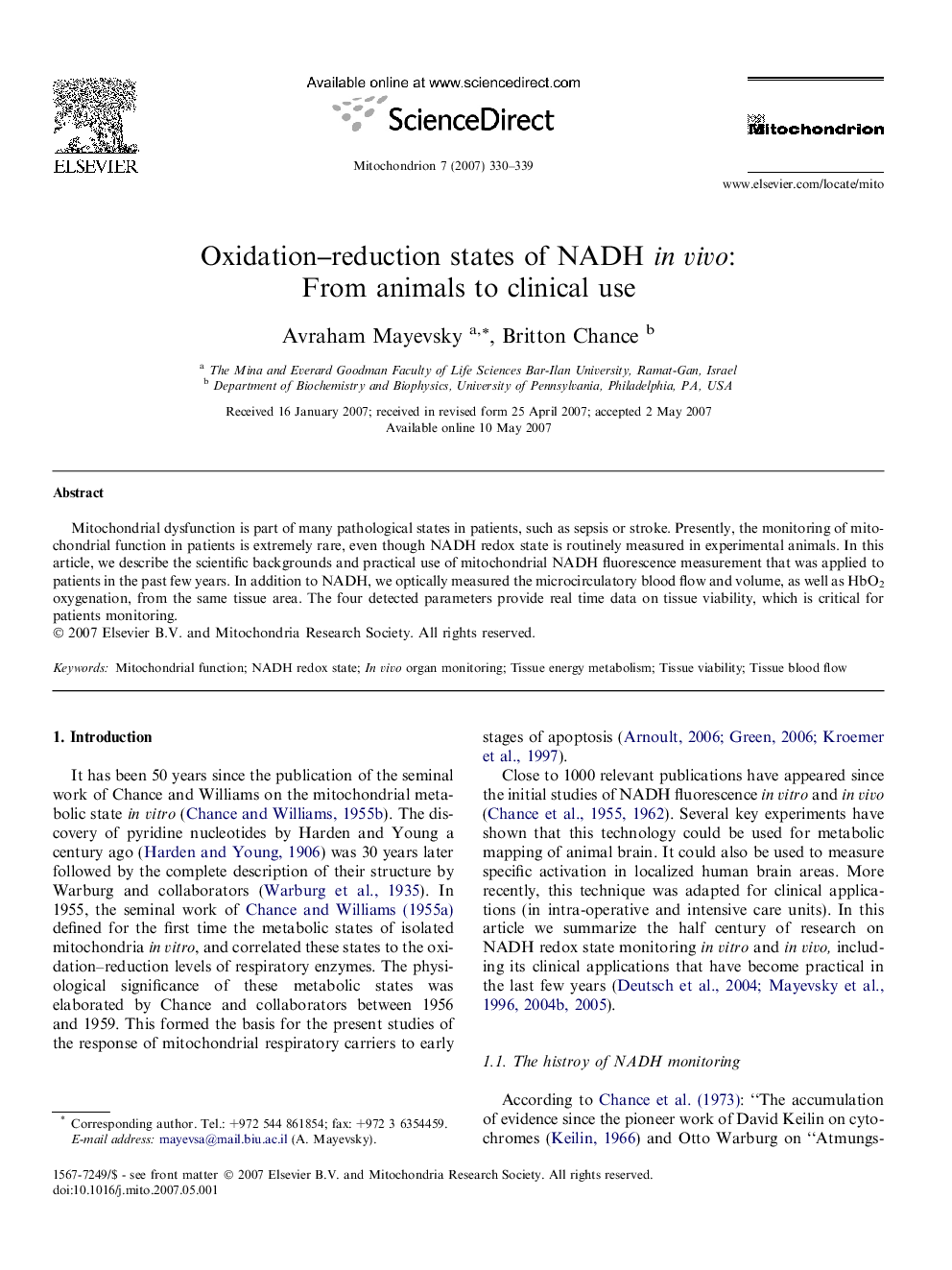 Oxidation–reduction states of NADH in vivo: From animals to clinical use