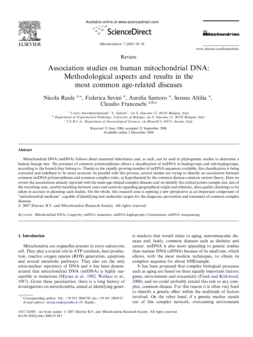 Association studies on human mitochondrial DNA: Methodological aspects and results in the most common age-related diseases