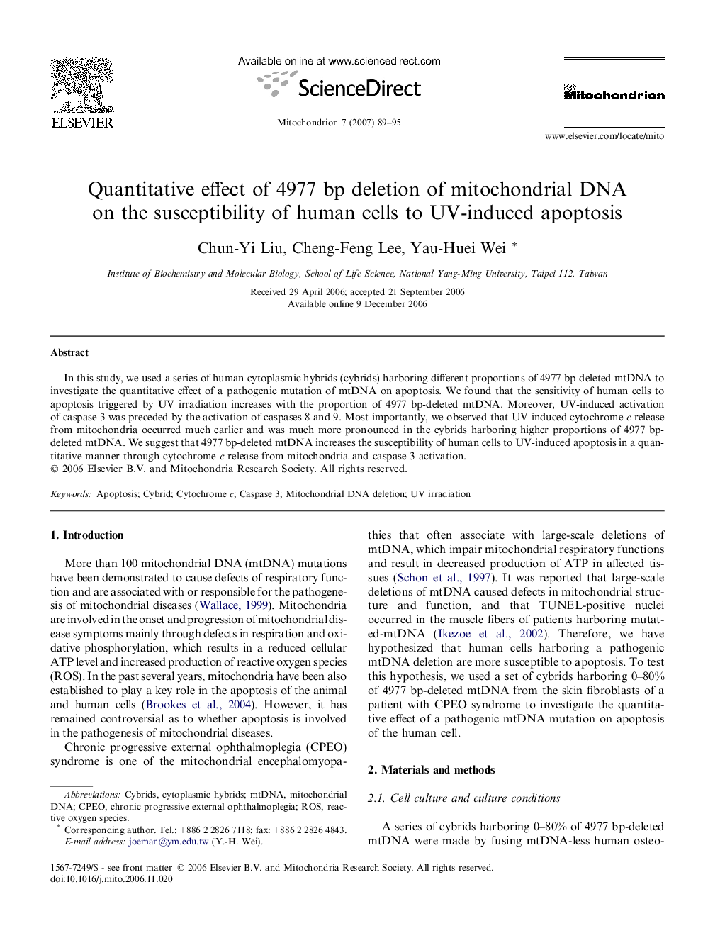 Quantitative effect of 4977 bp deletion of mitochondrial DNA on the susceptibility of human cells to UV-induced apoptosis