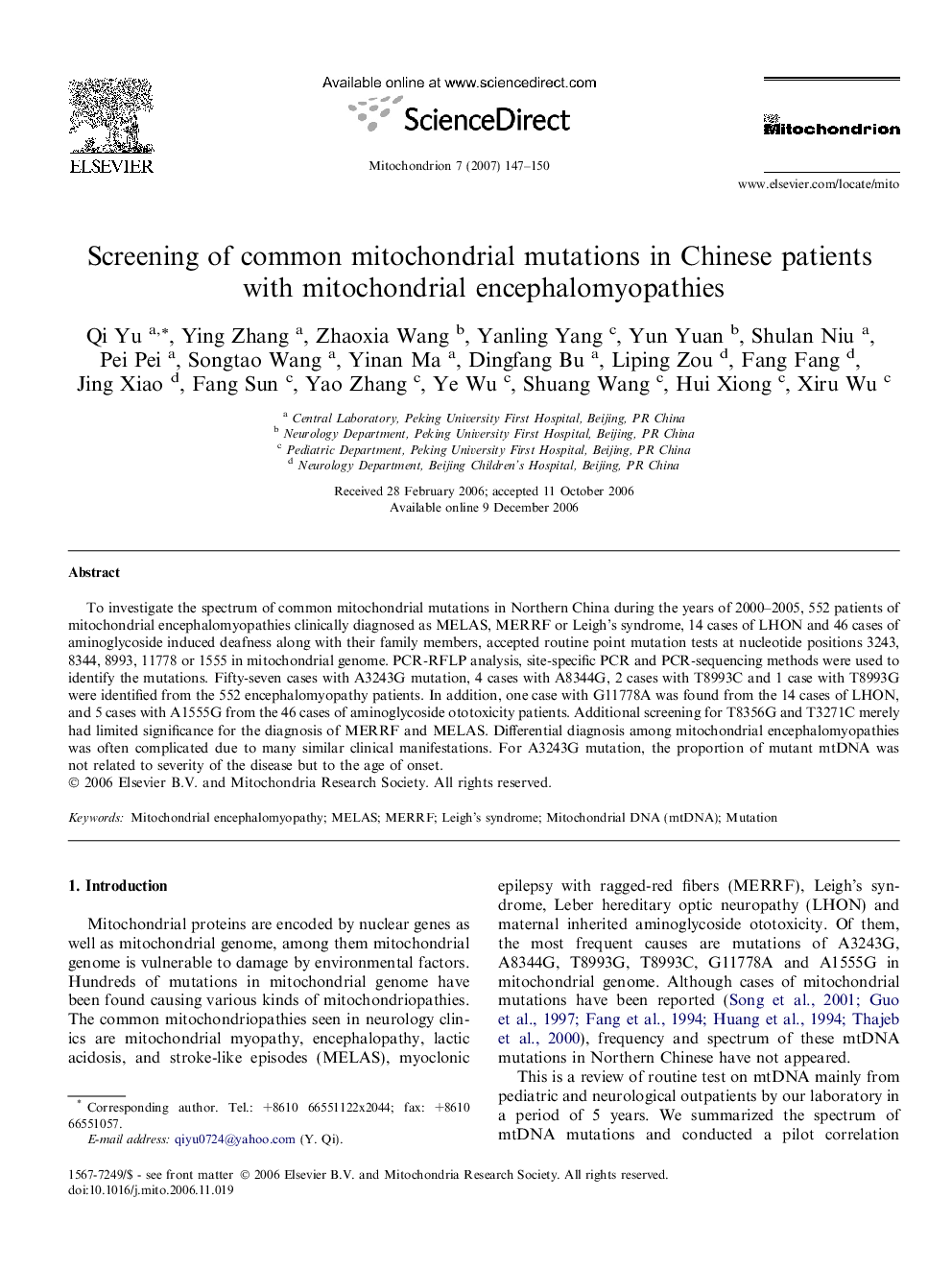 Screening of common mitochondrial mutations in Chinese patients with mitochondrial encephalomyopathies