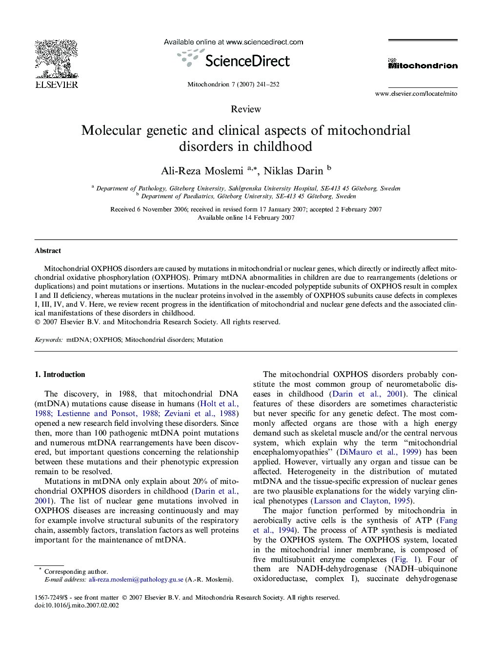 Molecular genetic and clinical aspects of mitochondrial disorders in childhood