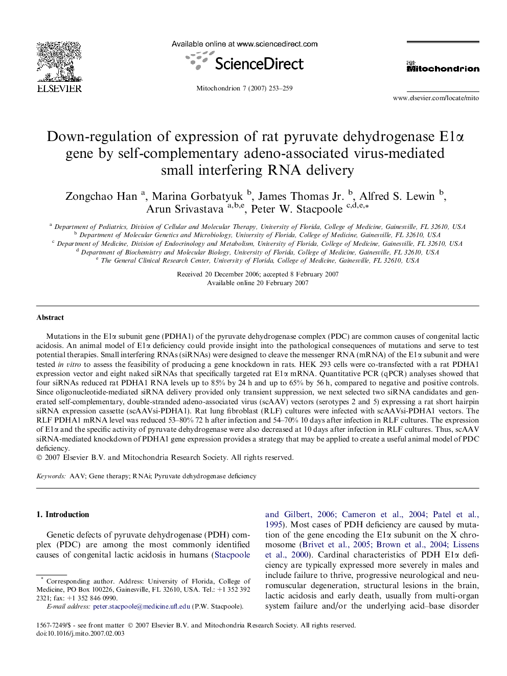 Down-regulation of expression of rat pyruvate dehydrogenase E1α gene by self-complementary adeno-associated virus-mediated small interfering RNA delivery