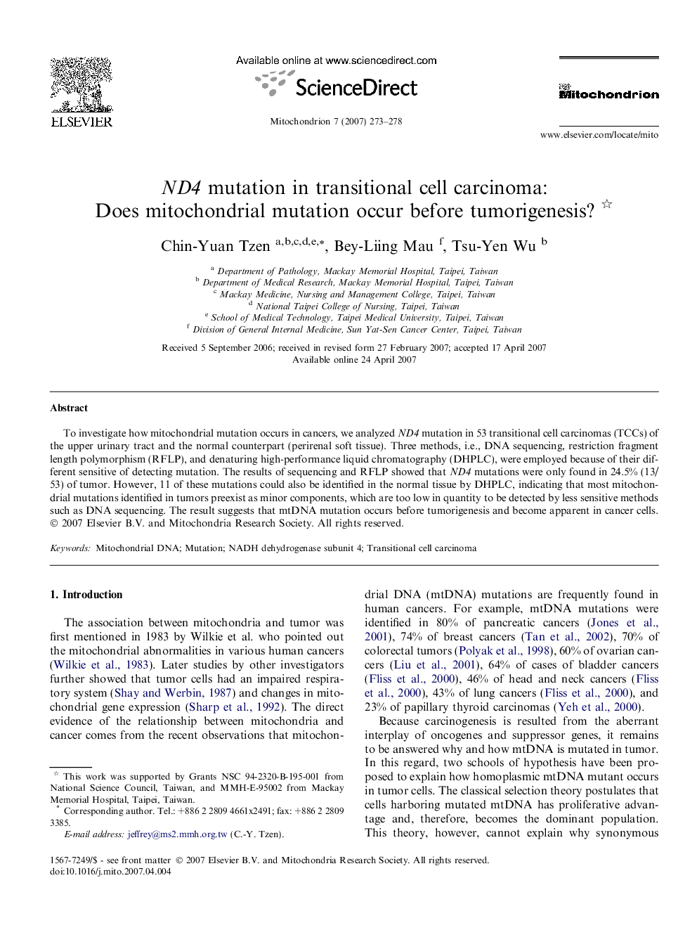 ND4 mutation in transitional cell carcinoma: Does mitochondrial mutation occur before tumorigenesis? 