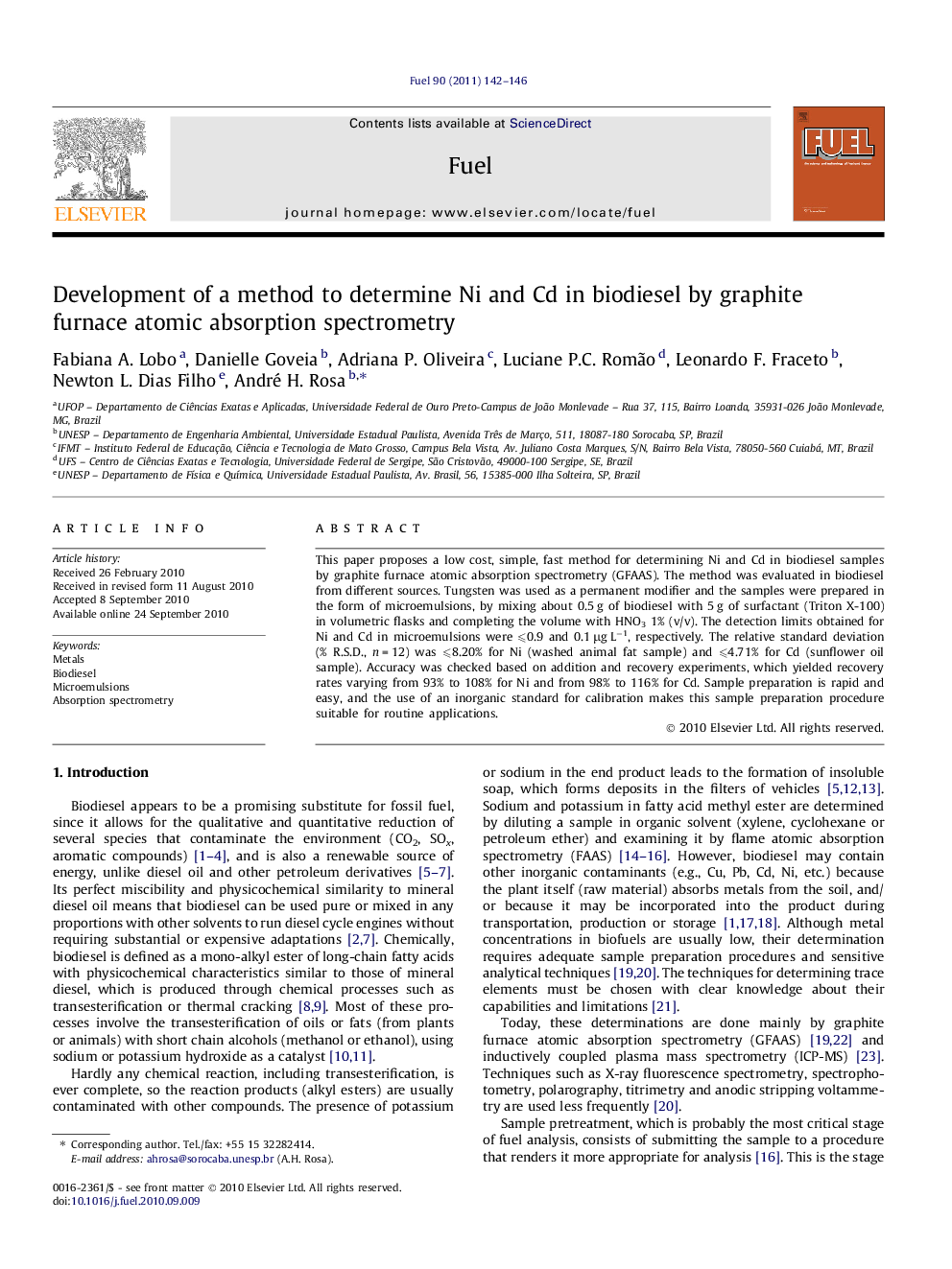 Development of a method to determine Ni and Cd in biodiesel by graphite furnace atomic absorption spectrometry