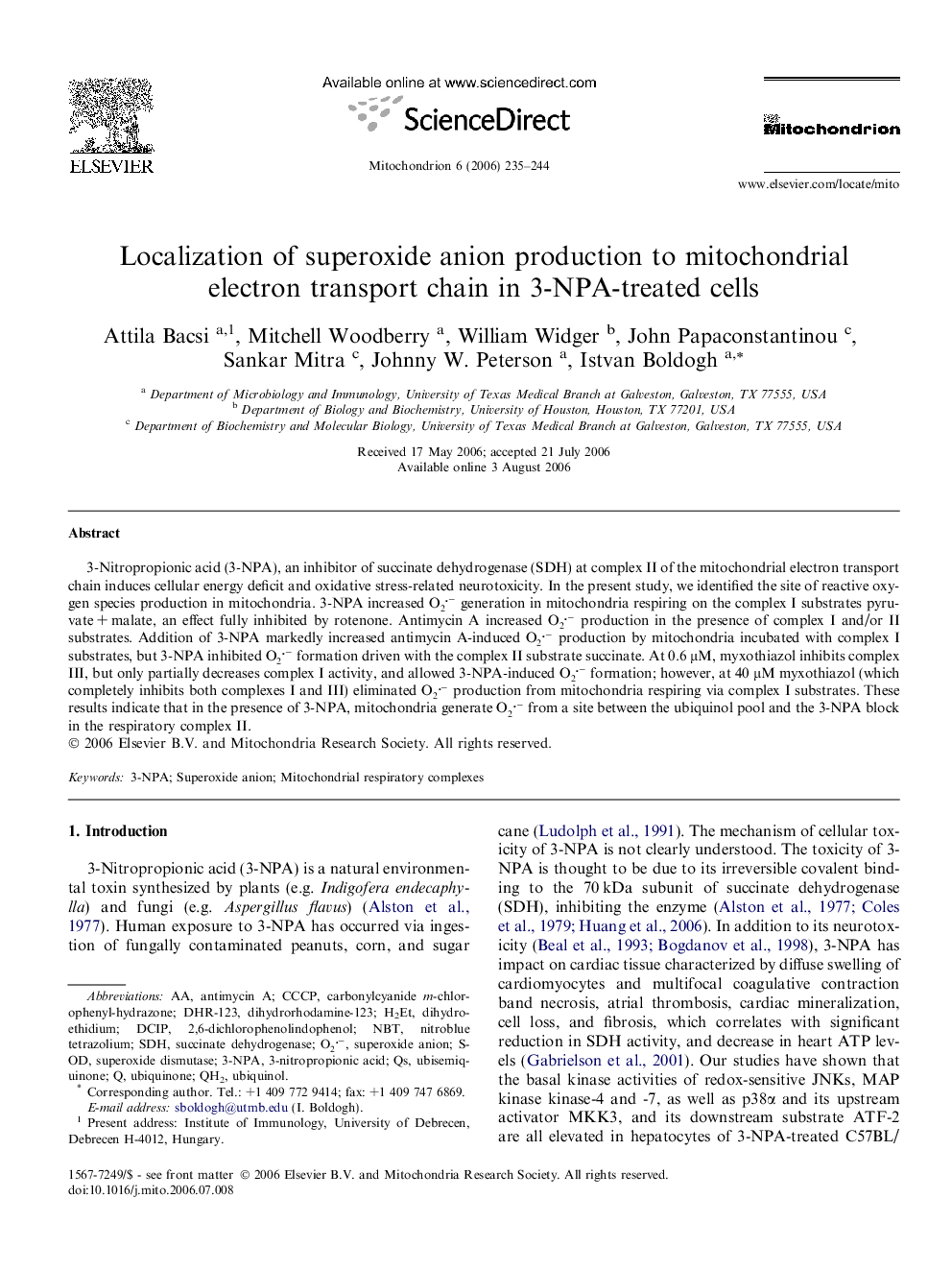 Localization of superoxide anion production to mitochondrial electron transport chain in 3-NPA-treated cells