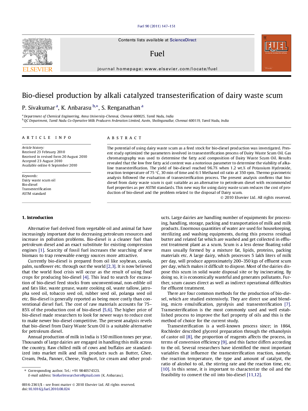 Bio-diesel production by alkali catalyzed transesterification of dairy waste scum