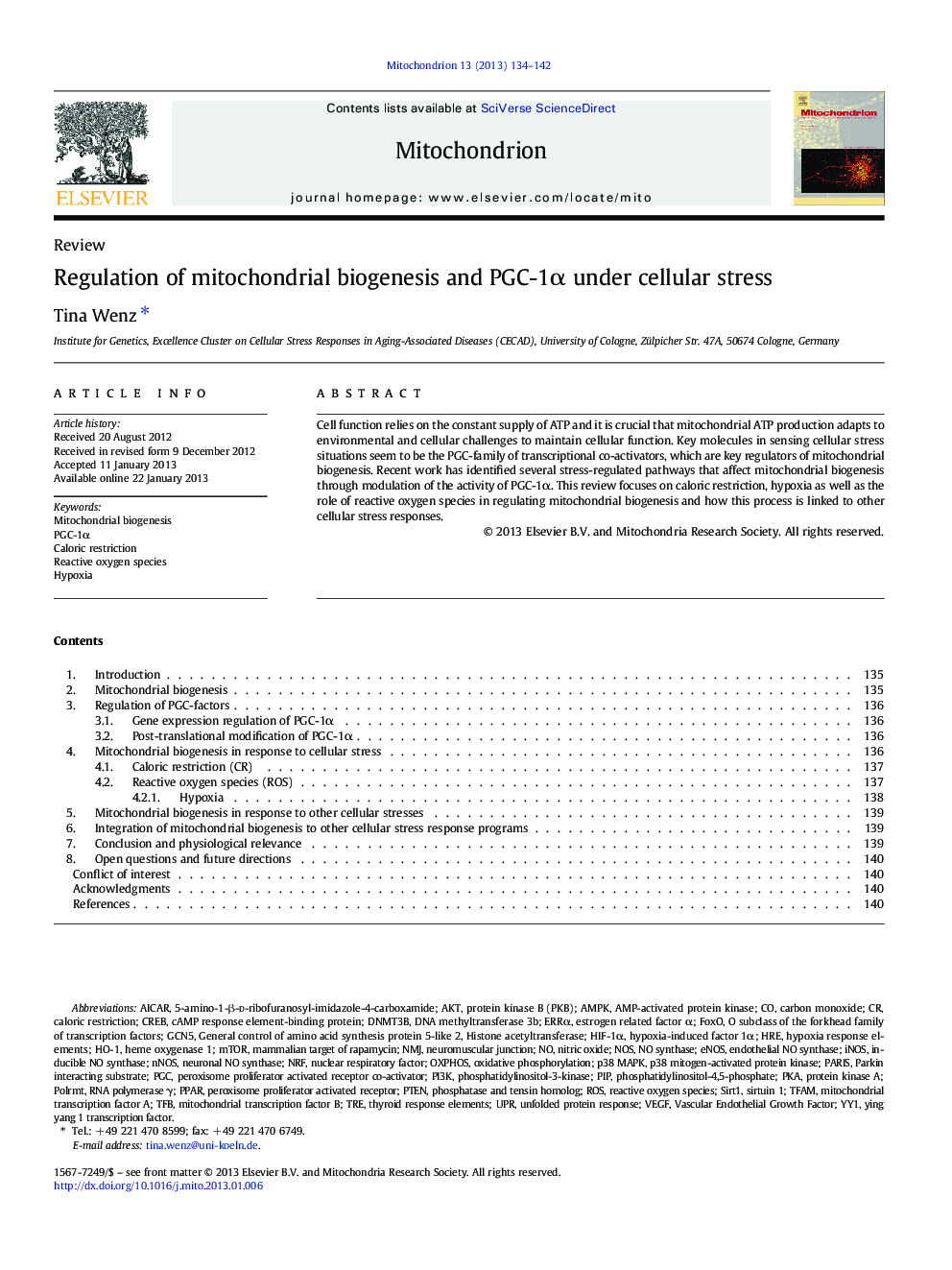 Regulation of mitochondrial biogenesis and PGC-1α under cellular stress