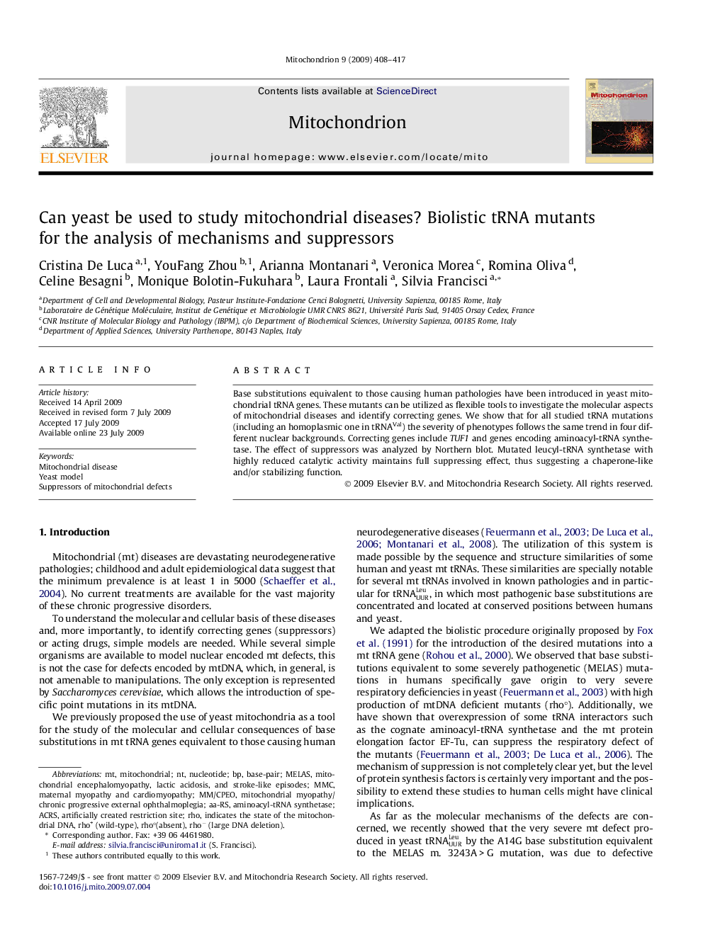 Can yeast be used to study mitochondrial diseases? Biolistic tRNA mutants for the analysis of mechanisms and suppressors