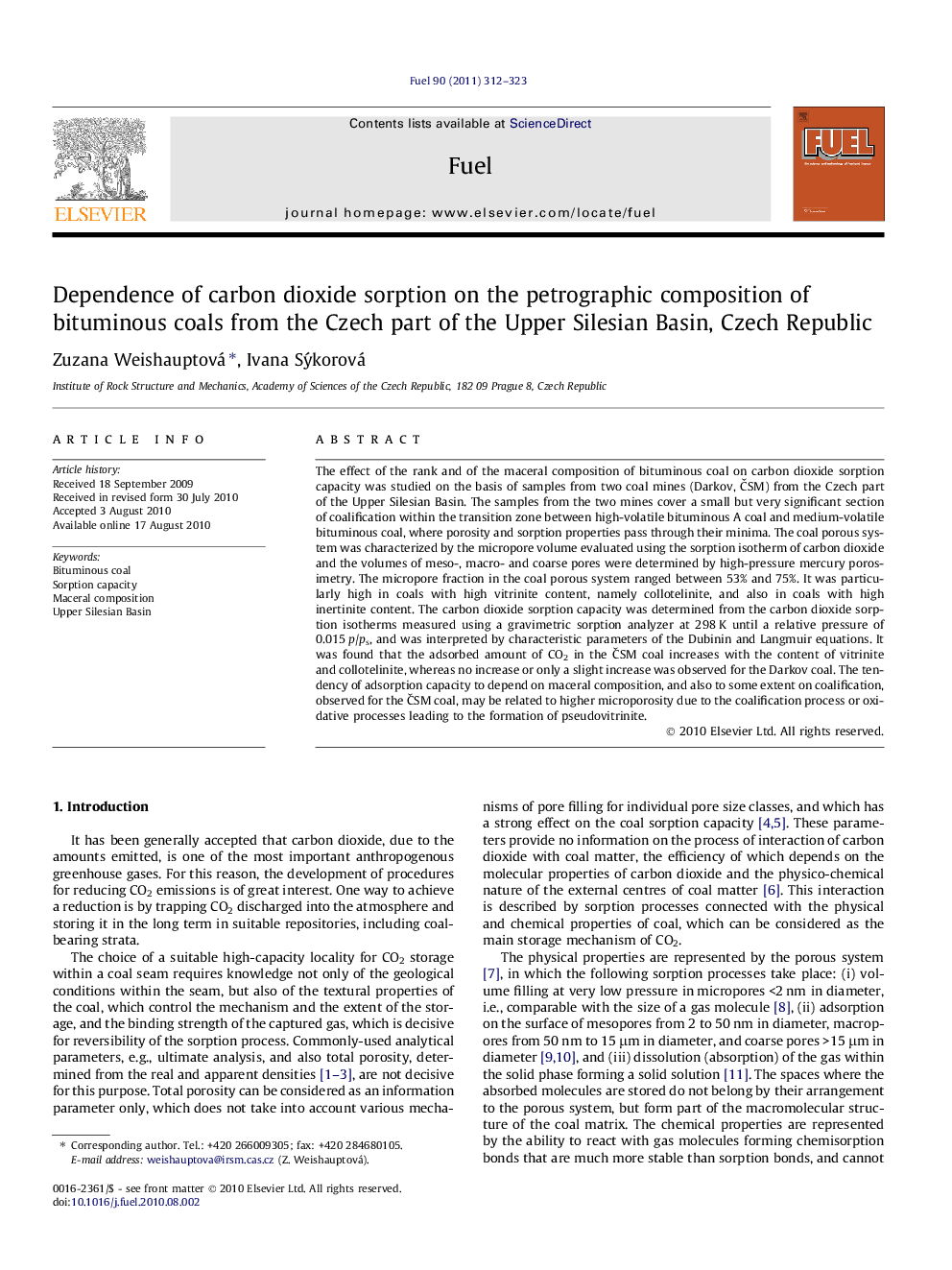 Dependence of carbon dioxide sorption on the petrographic composition of bituminous coals from the Czech part of the Upper Silesian Basin, Czech Republic