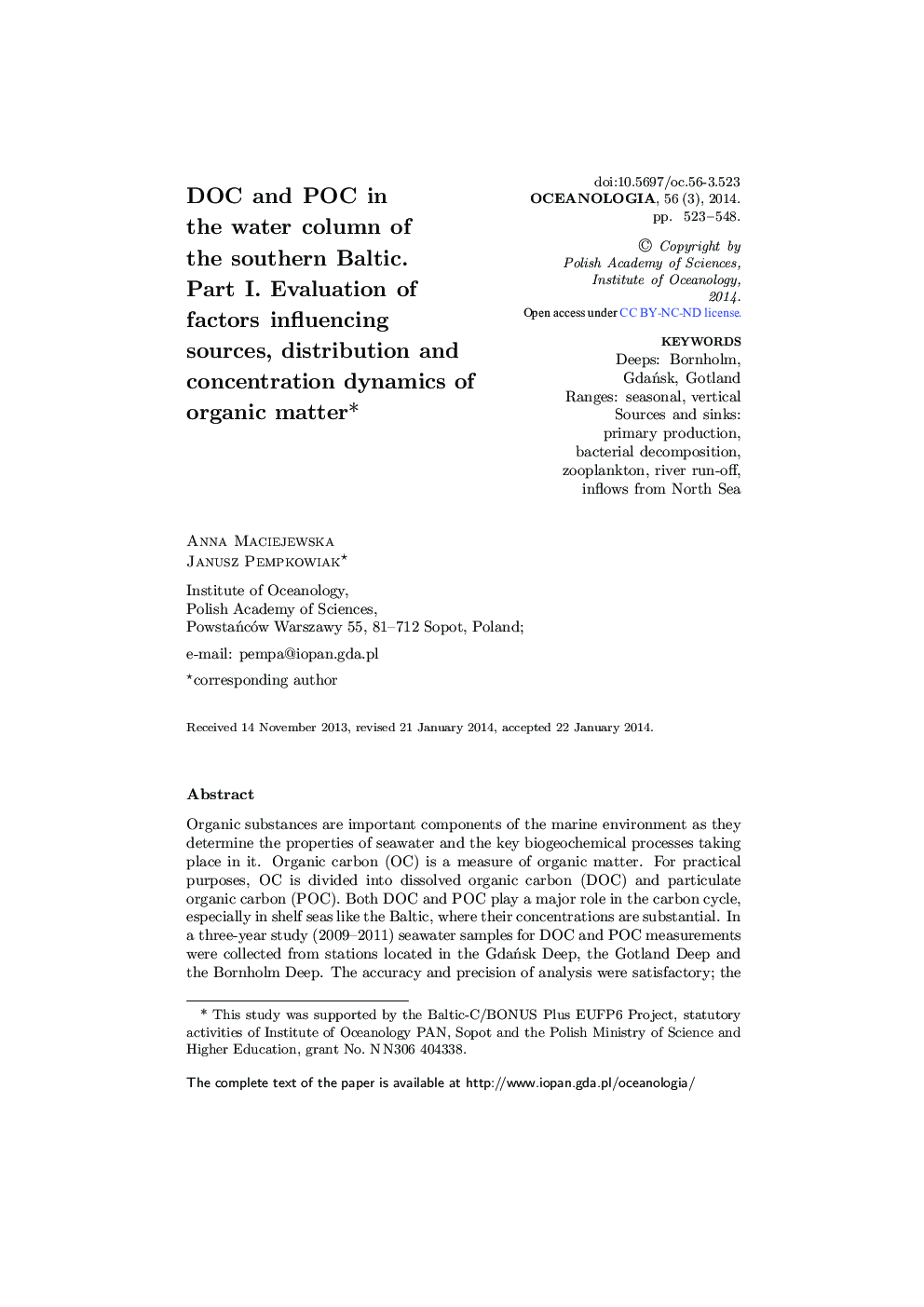 DOC and POC in the water column of the southern Baltic. Part I. Evaluation of factors influencing sources, distribution and concentration dynamics of organic matter* 