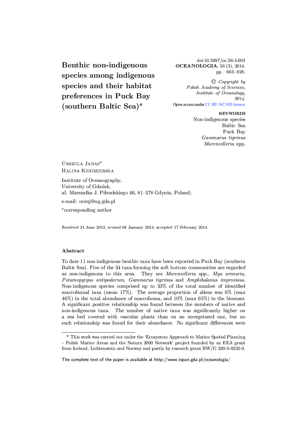 Benthic non-indigenous species among indigenous species and their habitat preferences in Puck Bay (southern Baltic Sea)* 