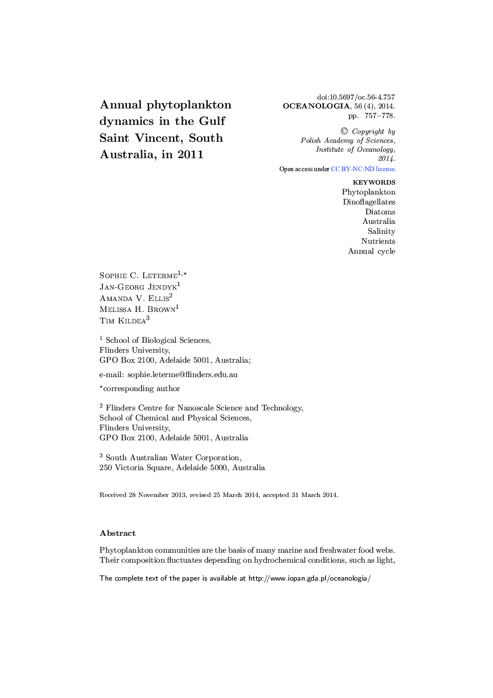 Annual phytoplankton dynamics in the Gulf Saint Vincent, South Australia, in 2011 