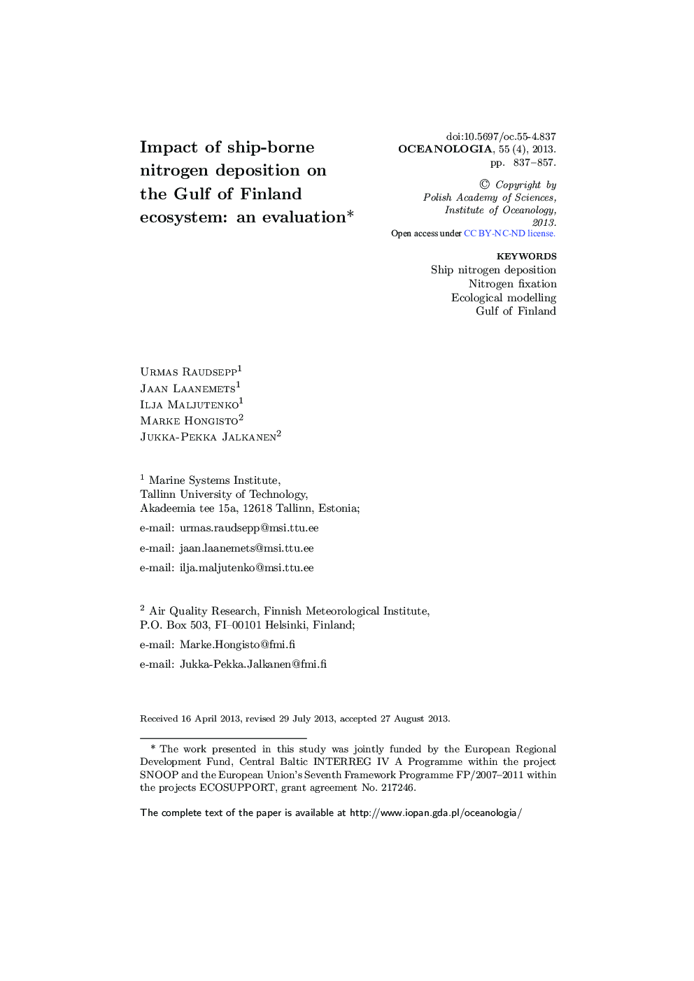 Impact of ship-borne nitrogen deposition on the Gulf of Finland ecosystem: an evaluation* 