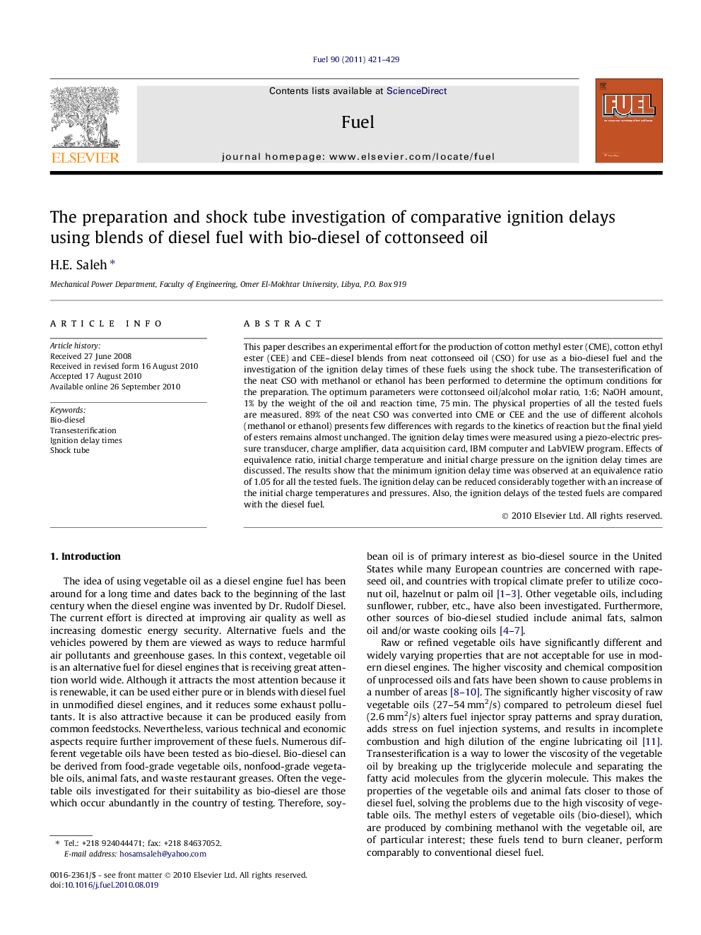 The preparation and shock tube investigation of comparative ignition delays using blends of diesel fuel with bio-diesel of cottonseed oil