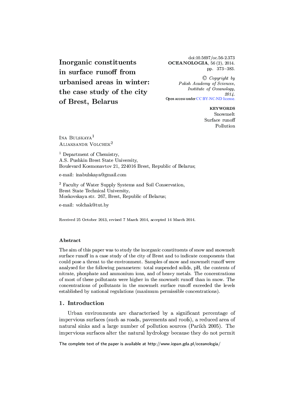 Inorganic constituents in surface runoff from urbanised areas in winter: the case study of the city of Brest, Belarus 