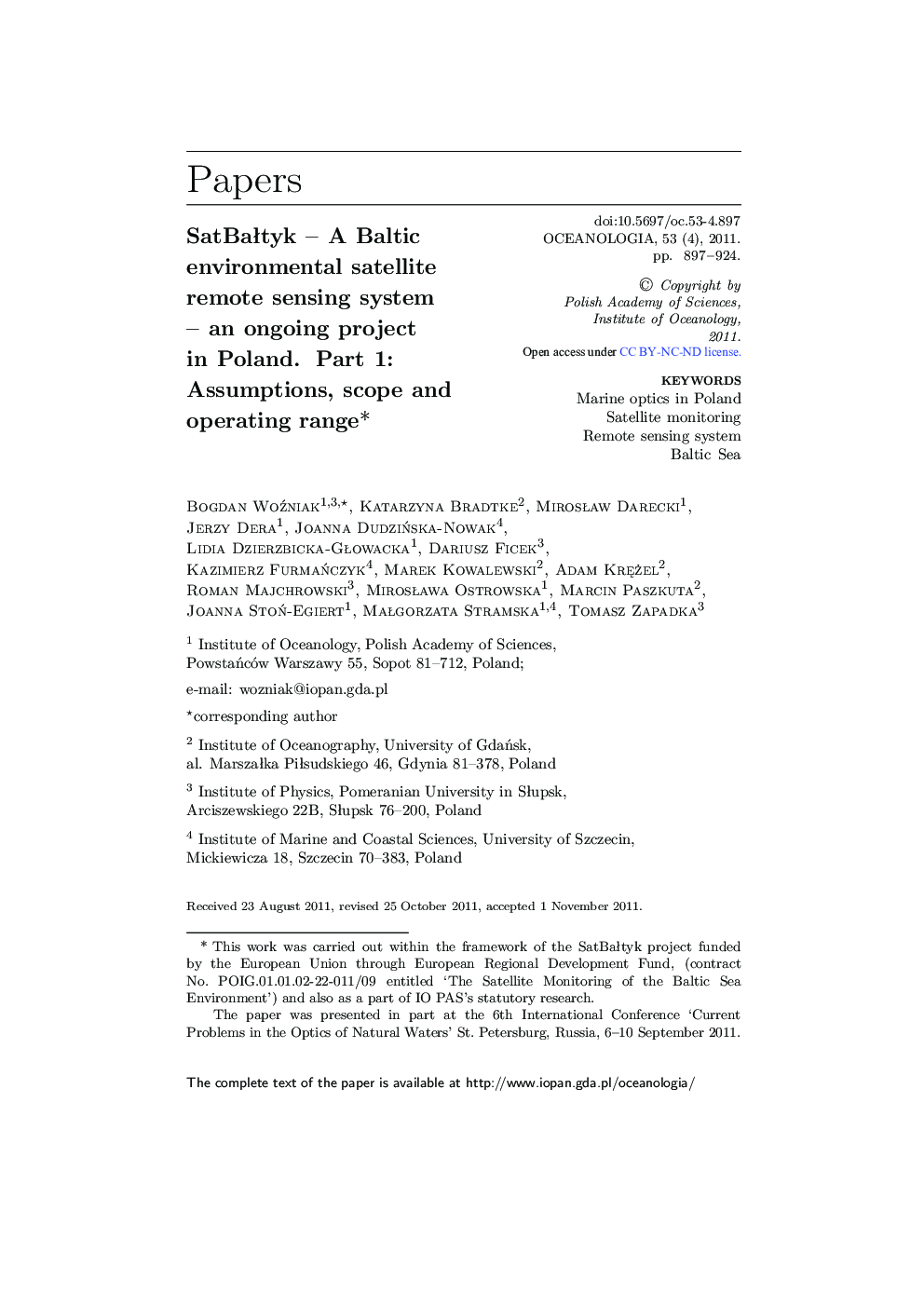 SatBałtyk – A Baltic environmental satellite remote sensing system – an ongoing project in Poland. Part 1: Assumptions, scope and operating range* 