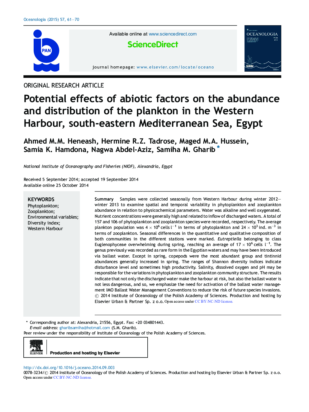 Potential effects of abiotic factors on the abundance and distribution of the plankton in the Western Harbour, south-eastern Mediterranean Sea, Egypt 