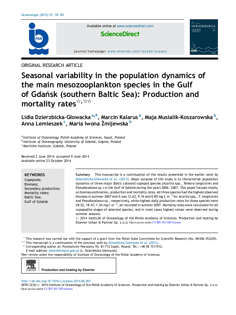 Seasonal variability in the population dynamics of the main mesozooplankton species in the Gulf of Gdańsk (southern Baltic Sea): Production and mortality rates 