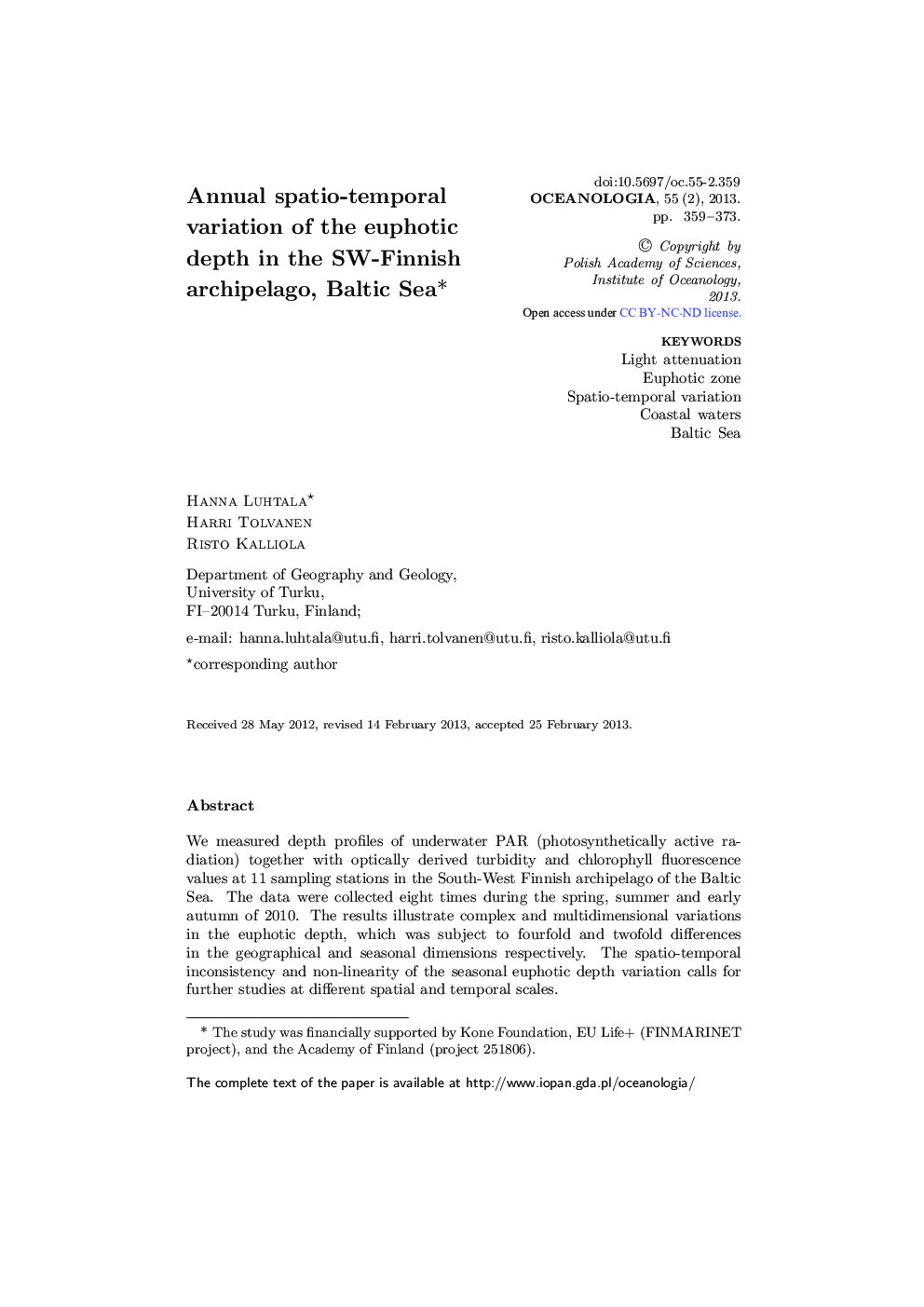 Annual spatio-temporal variation of the euphotic depth in the SW-Finnish archipelago, Baltic Sea* 