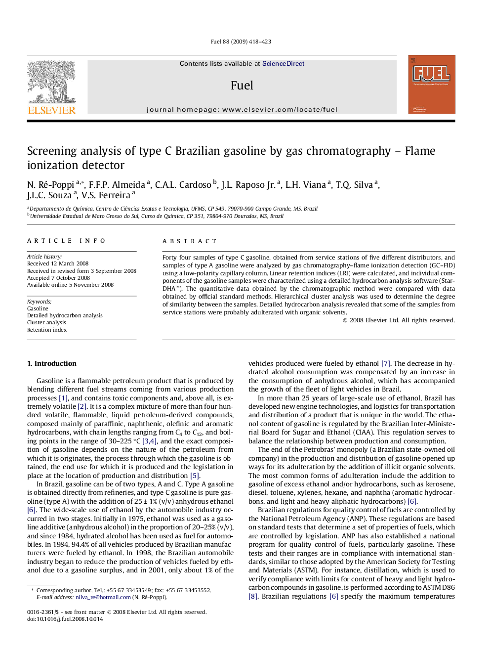 Screening analysis of type C Brazilian gasoline by gas chromatography – Flame ionization detector