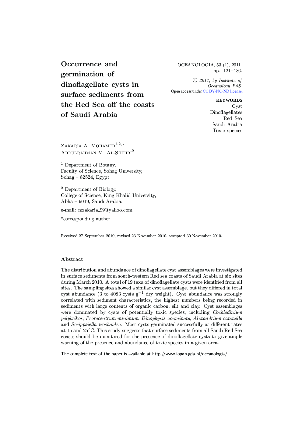 Occurrence and germination of dinoflagellate cysts in surface sediments from the Red Sea off the coasts of Saudi Arabia 