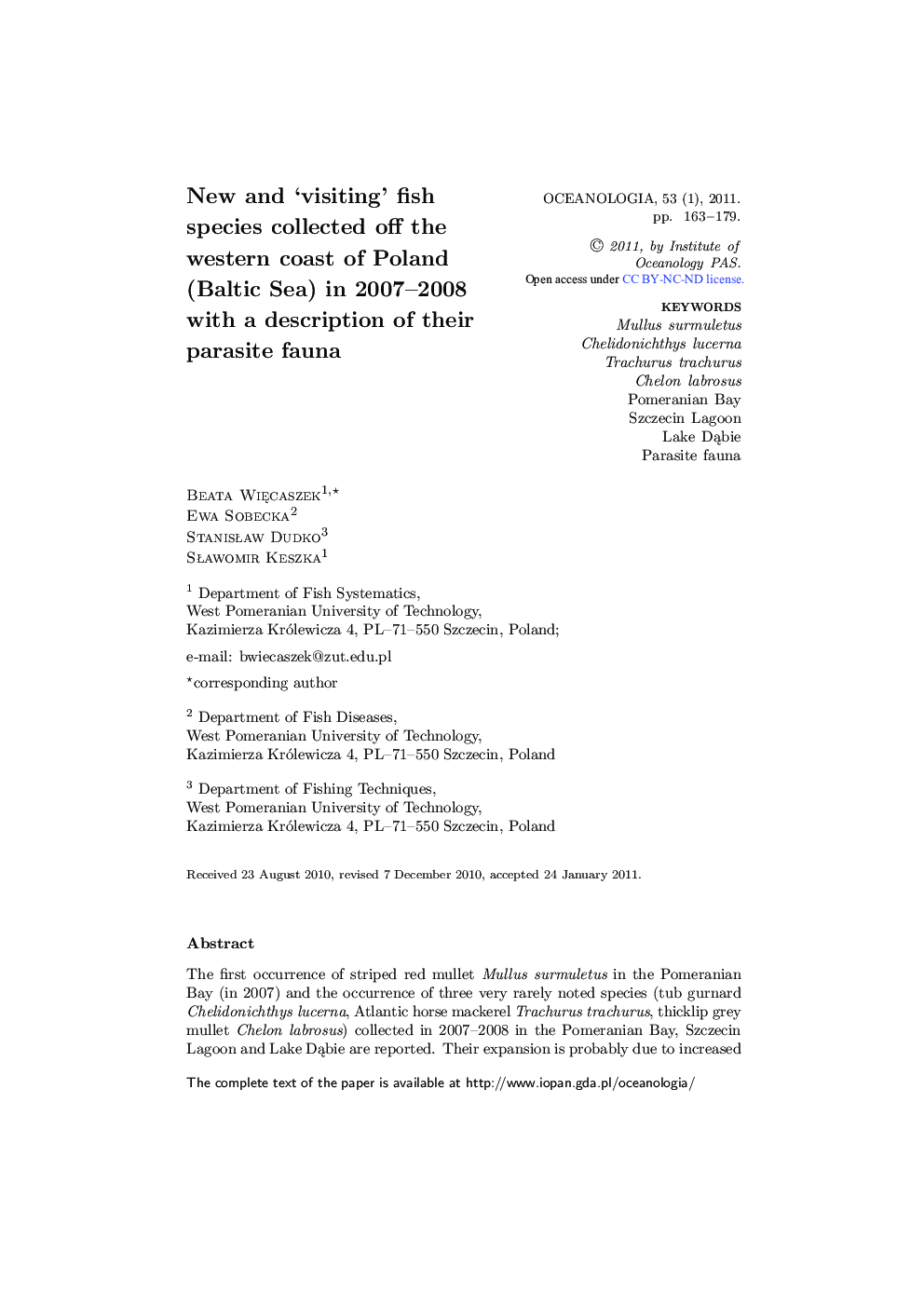 New and ‘visiting’ fish species collected off the western coast of Poland (Baltic Sea) in 2007–2008 with a description of their parasite fauna 
