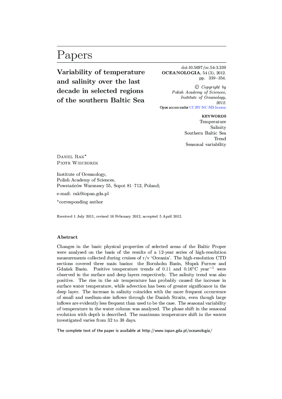 Variability of temperature and salinity over the last decade in selected regions of the southern Baltic Sea 