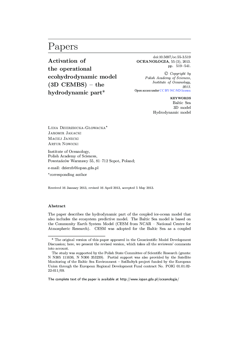 Activation of the operational ecohydrodynamic model (3D CEMBS) – the hydrodynamic part * 