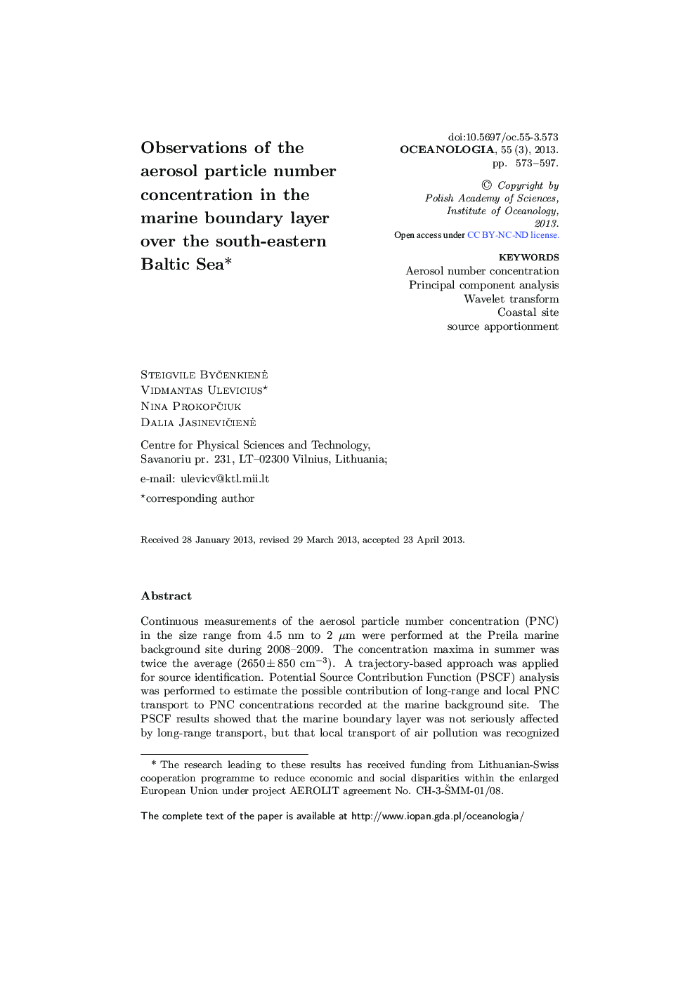 Observations of the aerosol particle number concentration in the marine boundary layer over the south-eastern Baltic Sea* 