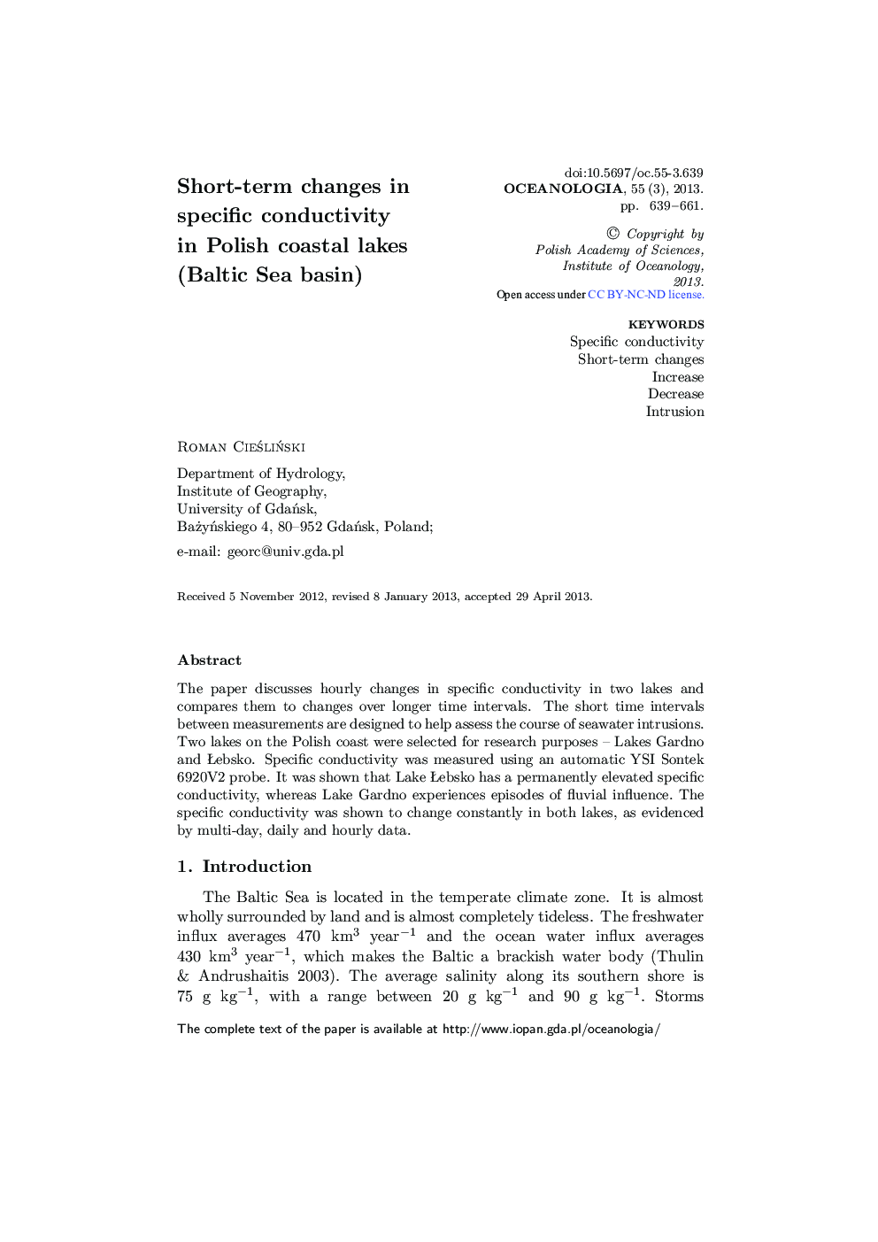 Short-term changes in specific conductivity in Polish coastal lakes (Baltic Sea basin) 