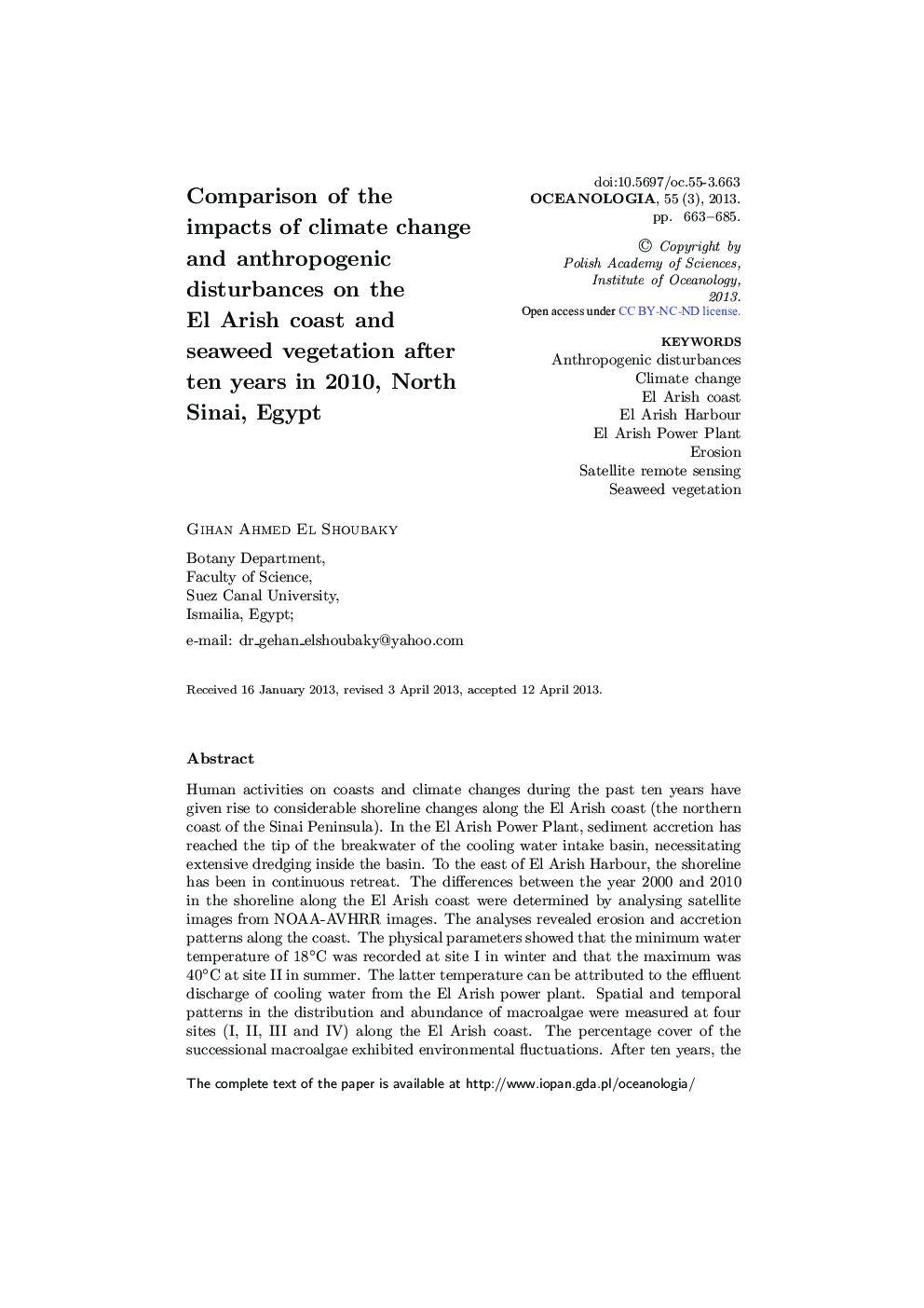 Comparison of the impacts of climate change and anthropogenic disturbances on the El Arish coast and seaweed vegetation after ten years in 2010, North Sinai, Egypt 