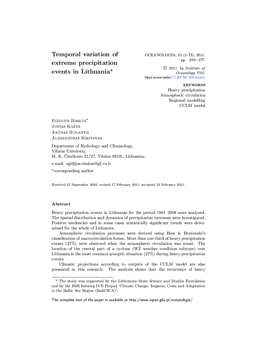 Temporal variation of extreme precipitation events in Lithuania* 