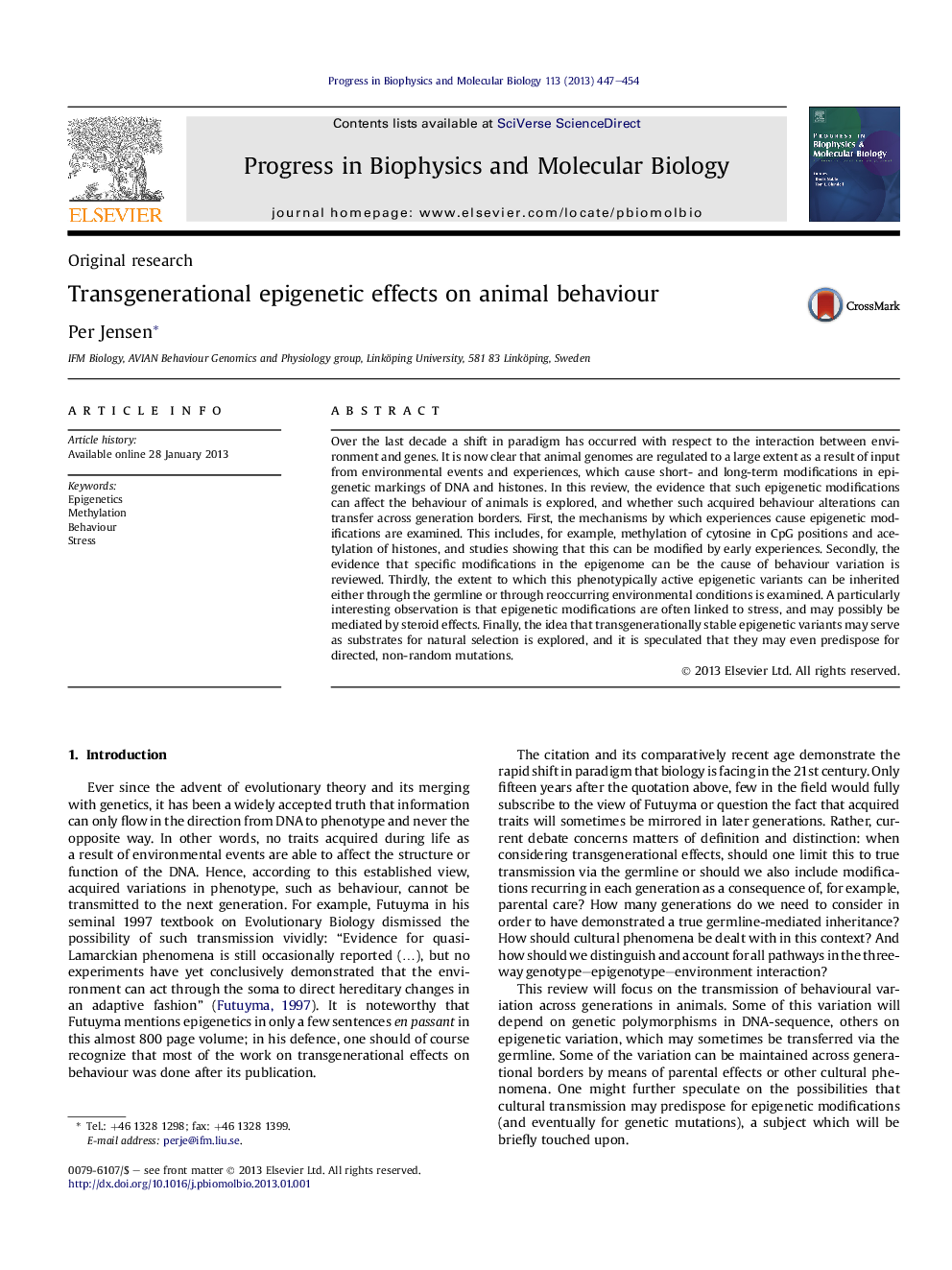 Transgenerational epigenetic effects on animal behaviour