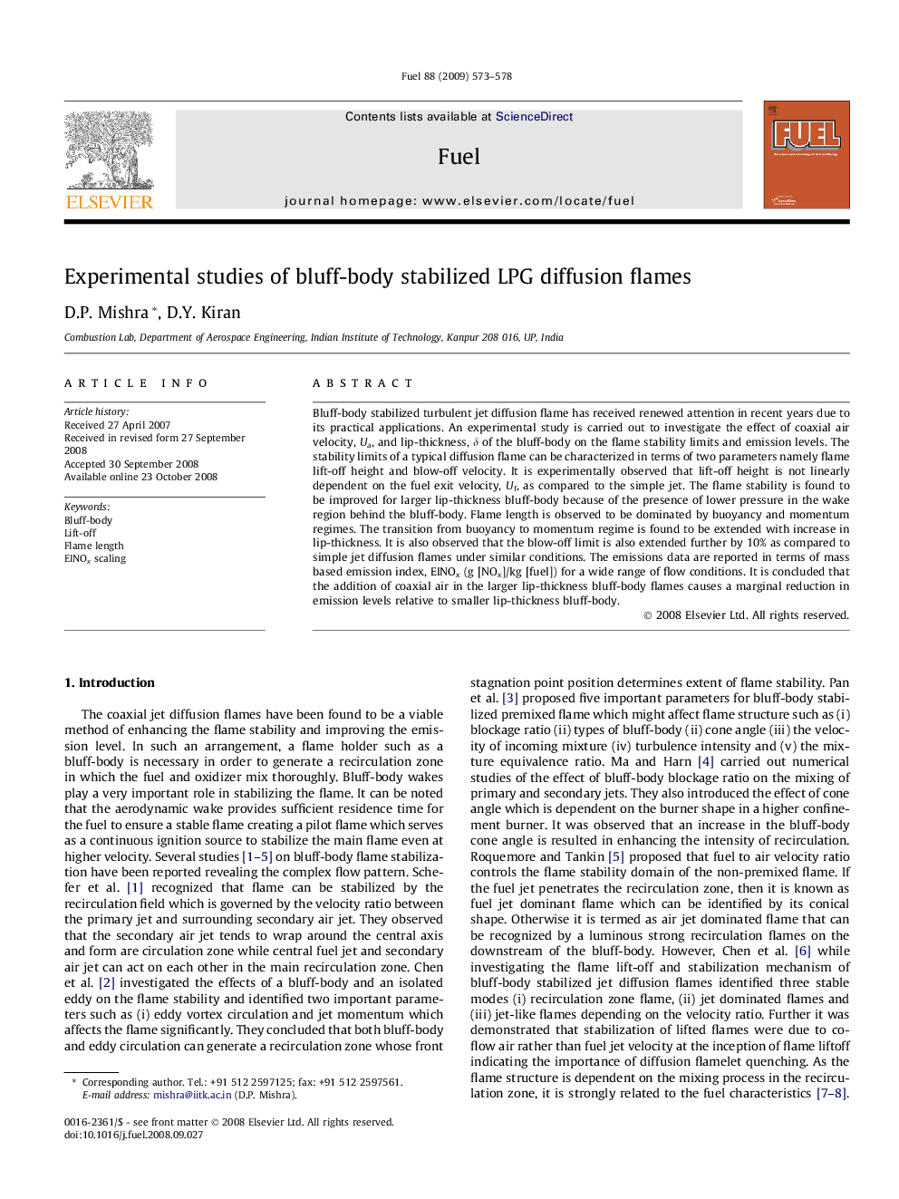 Experimental studies of bluff-body stabilized LPG diffusion flames