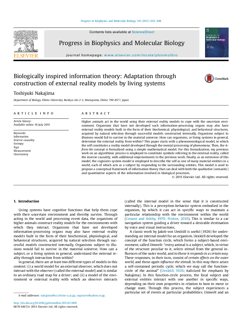 Biologically inspired information theory: Adaptation through construction of external reality models by living systems