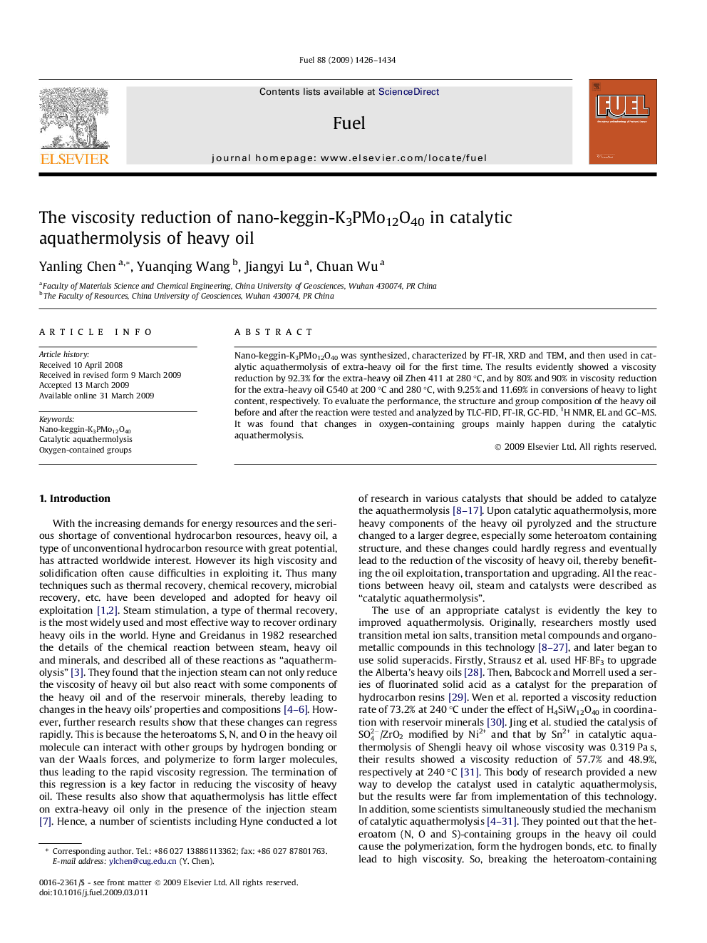 The viscosity reduction of nano-keggin-K3PMo12O40 in catalytic aquathermolysis of heavy oil