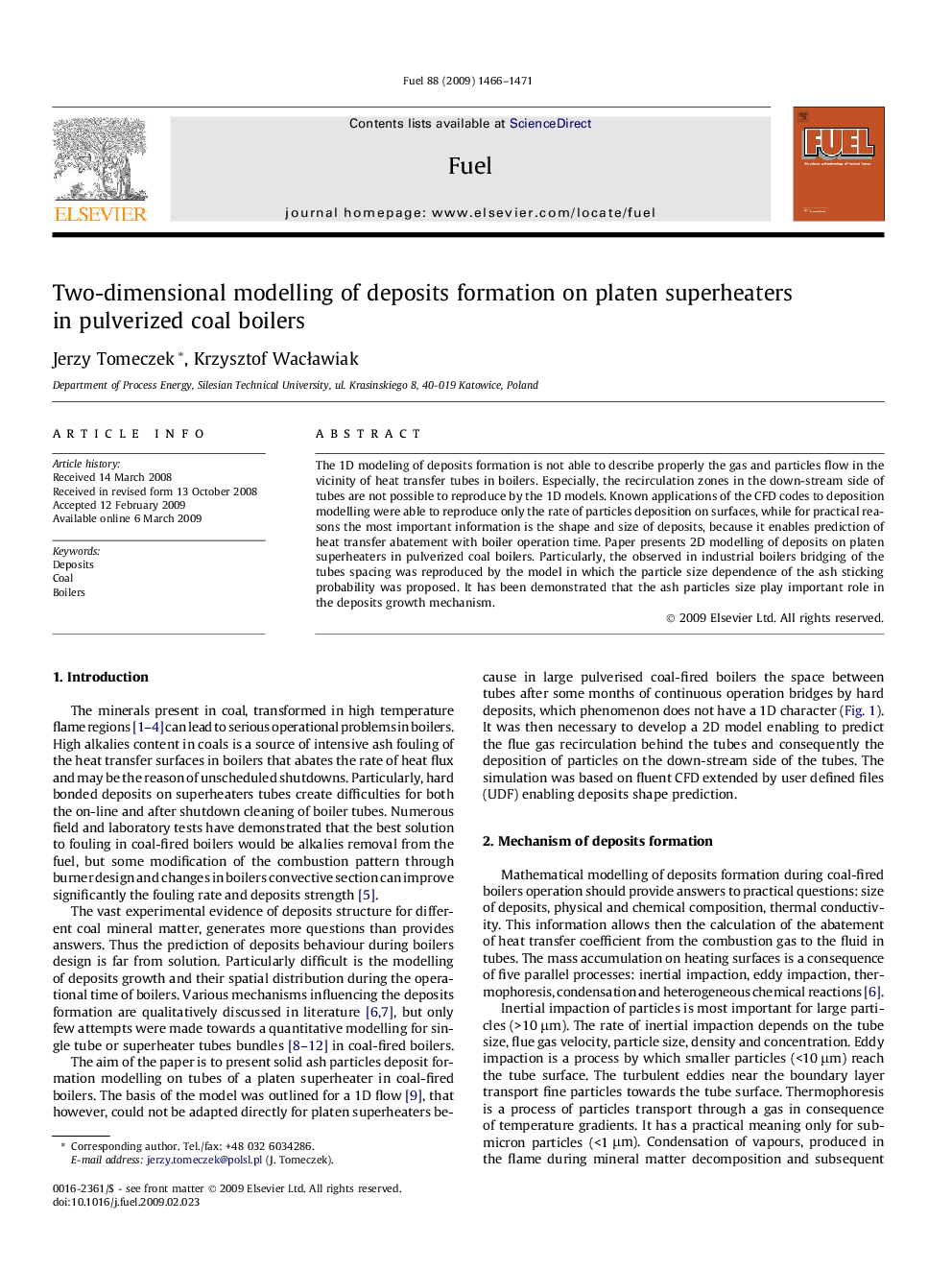 Two-dimensional modelling of deposits formation on platen superheaters in pulverized coal boilers